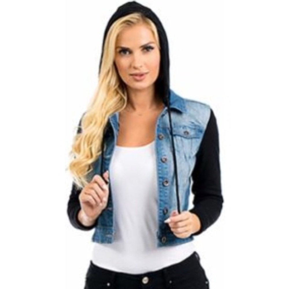 Denim jacket with black fabric sleeves